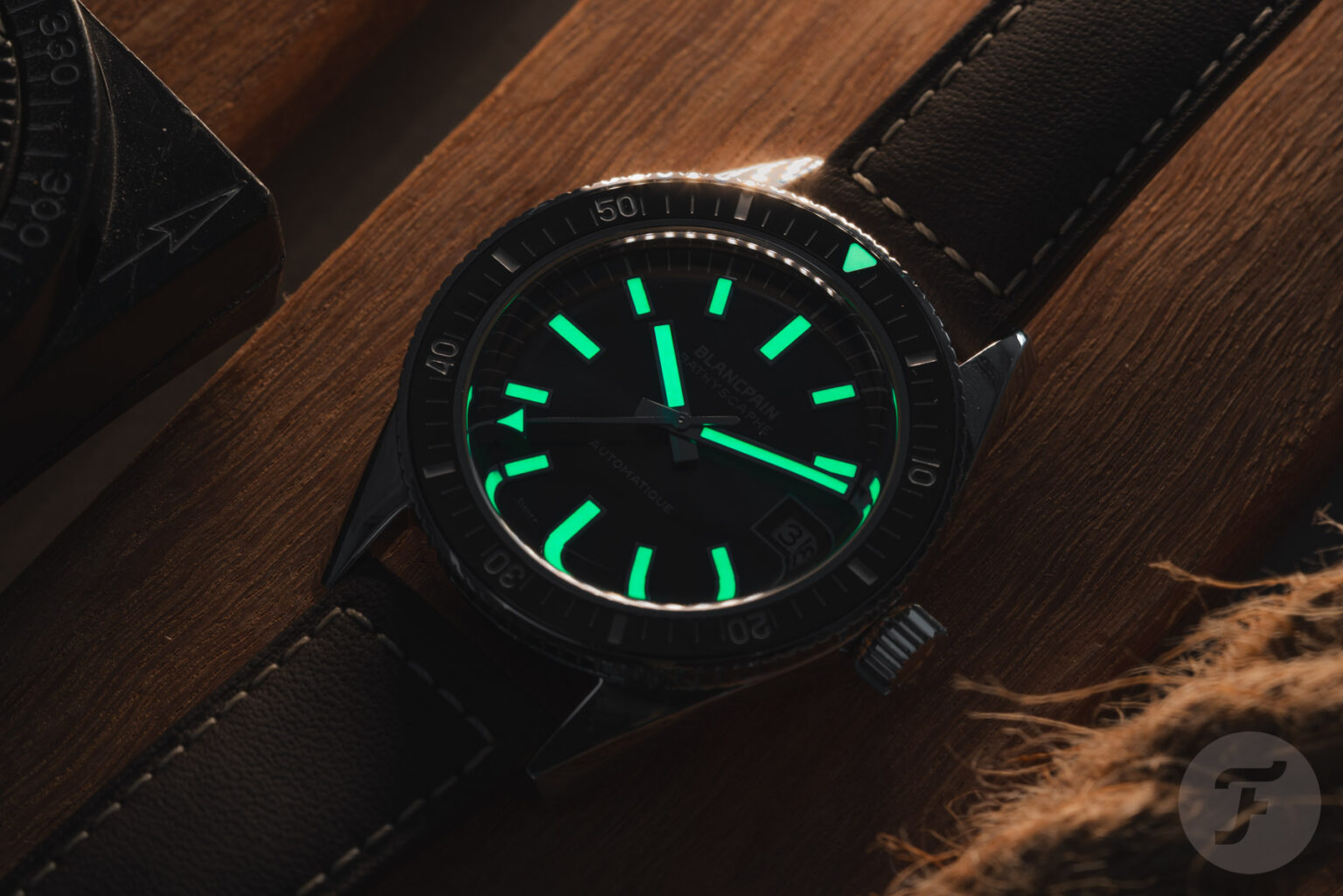 Blancpain Fifty Fathoms Bathyscaphe 70th Anniversary limited edition dive watch with meteor grey sunburst dial on a chocolate calf leather strap