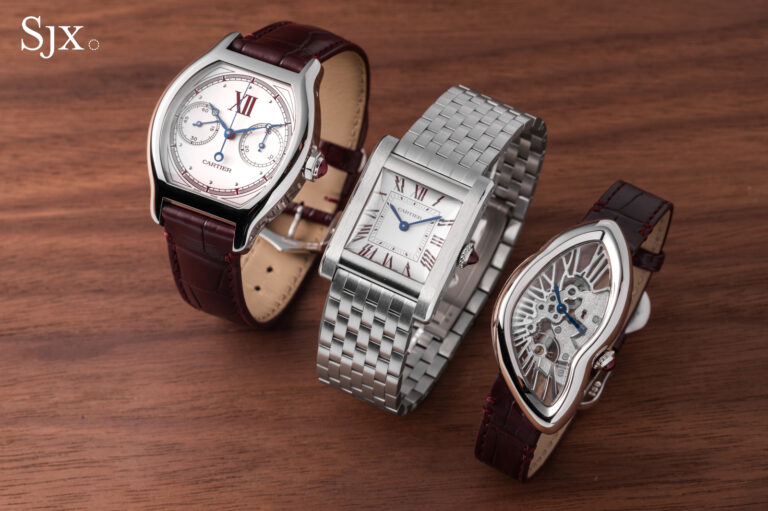 Three platinum Cartier Prive Les Opus watches arranged side by side: the Tank Normale on the left, the Tortue Chronographe Monopoussoir in the middle, and the Crash Squelette on the right with burgundy printing