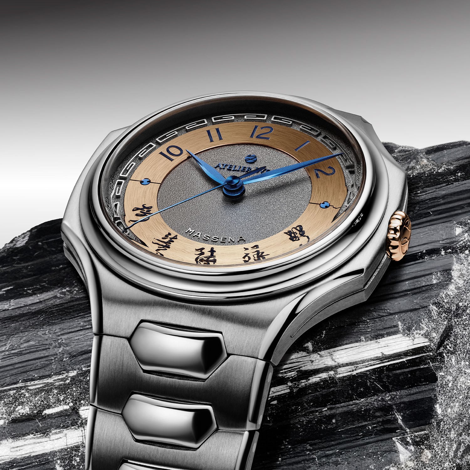 Close-up of the hand-tremblage solid gold dial showing Arabic and hand-calligraphed Chinese numerals on the Atelier Wen Inflection Shuo