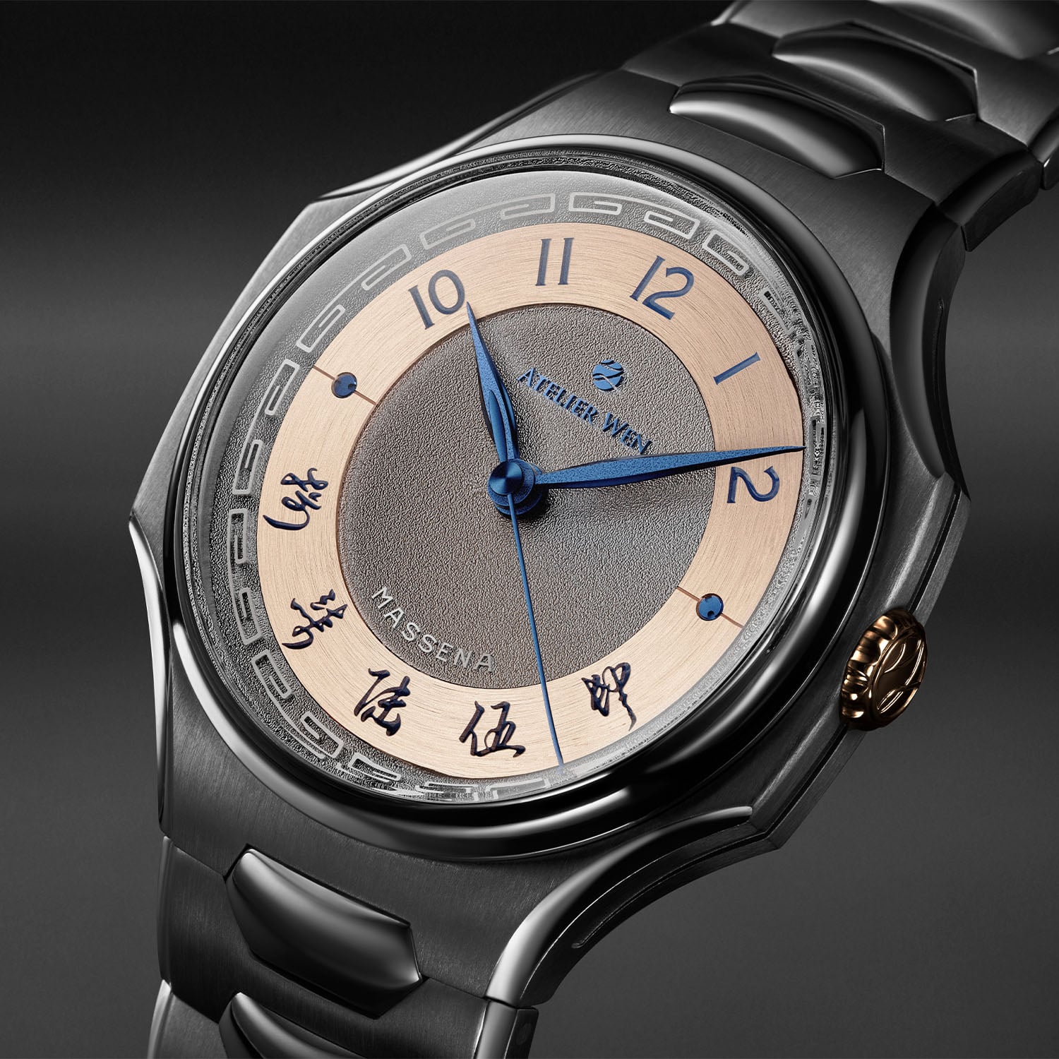 Rose gold dial version of the Atelier Wen Inflection Shuo on the wrist showing the blue-filled numerals and tantalum bracelet