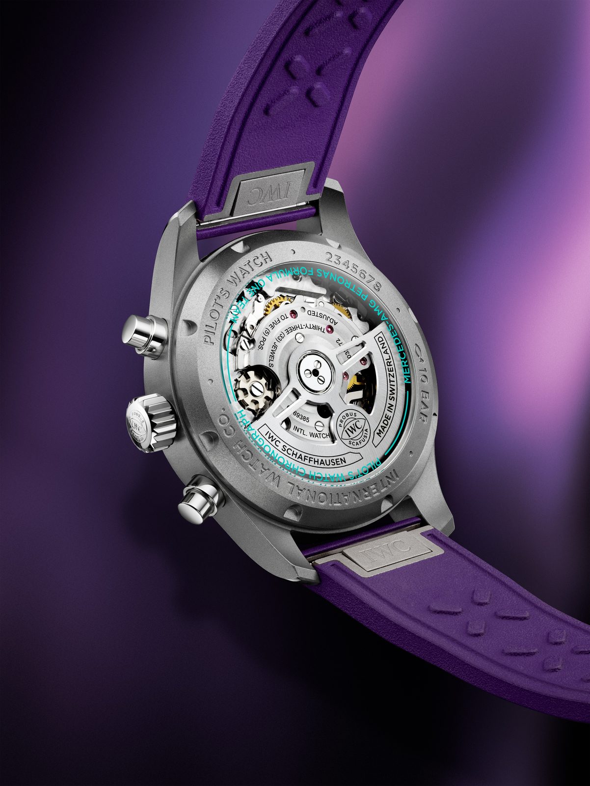 IWC Pilot's Watch Chronograph 41 Mercedes-AMG PETRONAS Formula One Team IW388121 worn on purple rubber strap