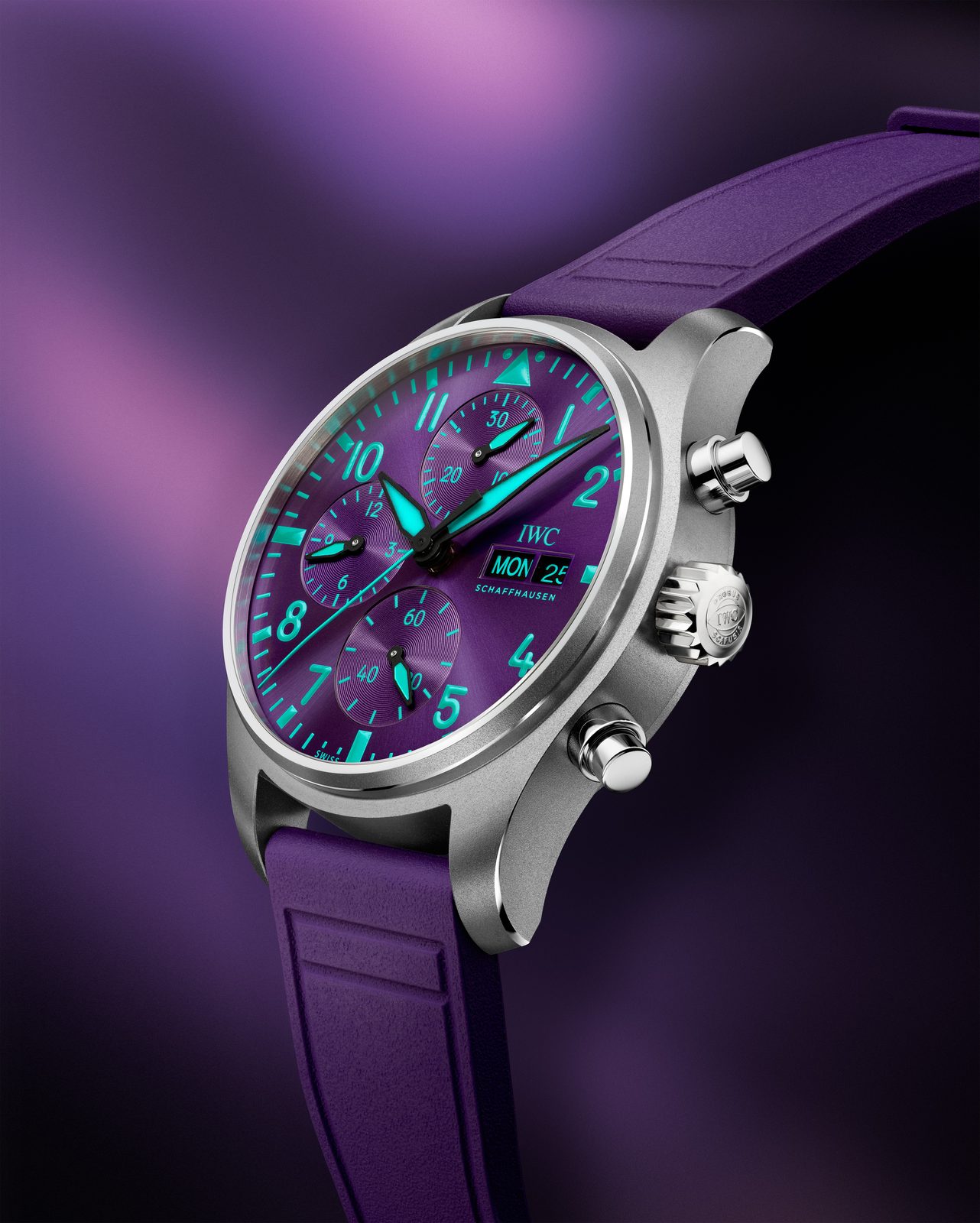 IWC Pilot's Watch Chronograph 41 Mercedes-AMG PETRONAS Formula One Team IW388121 purple dial mood shot