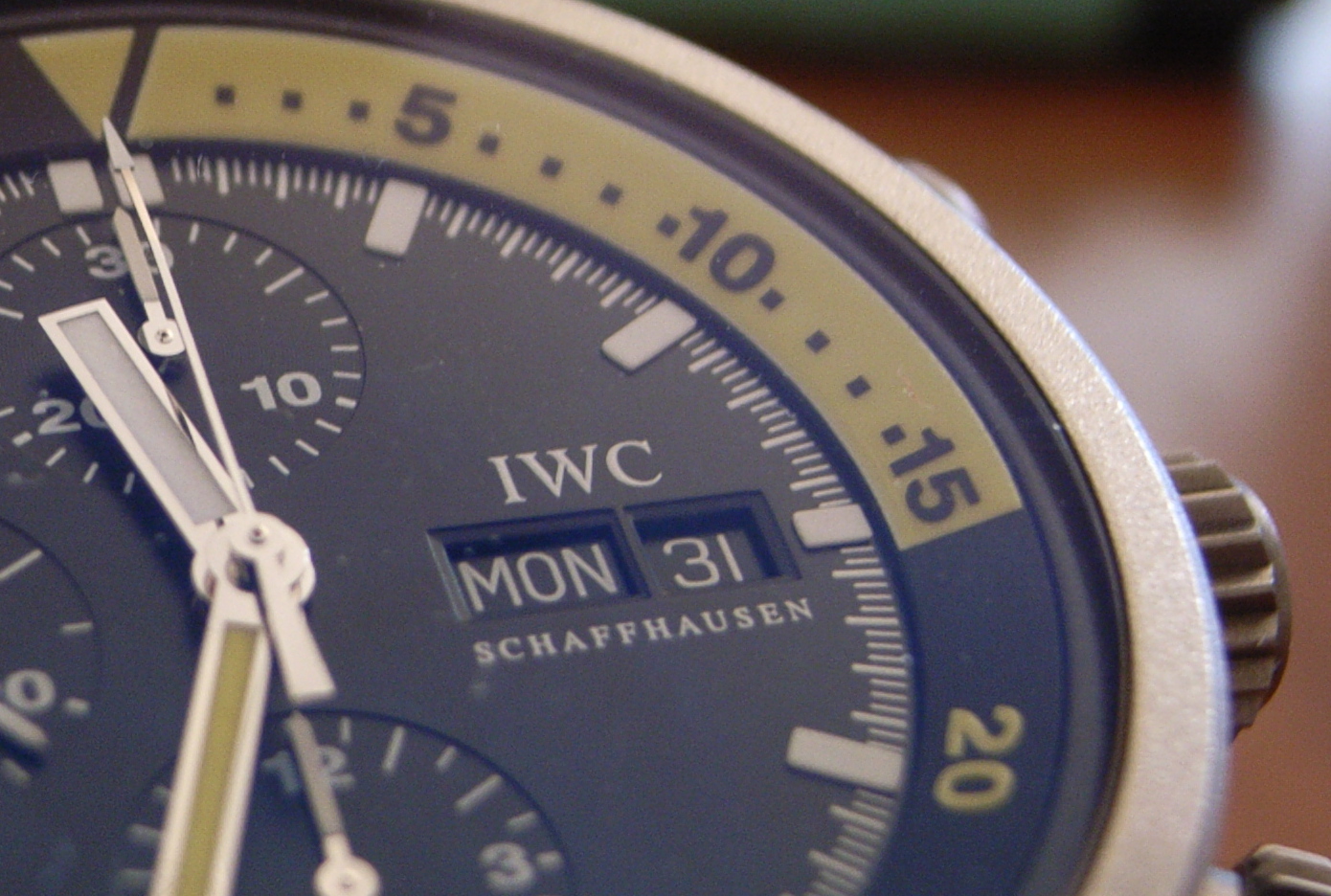 Close-up of IWC Aquatimer dive watch case detailing
