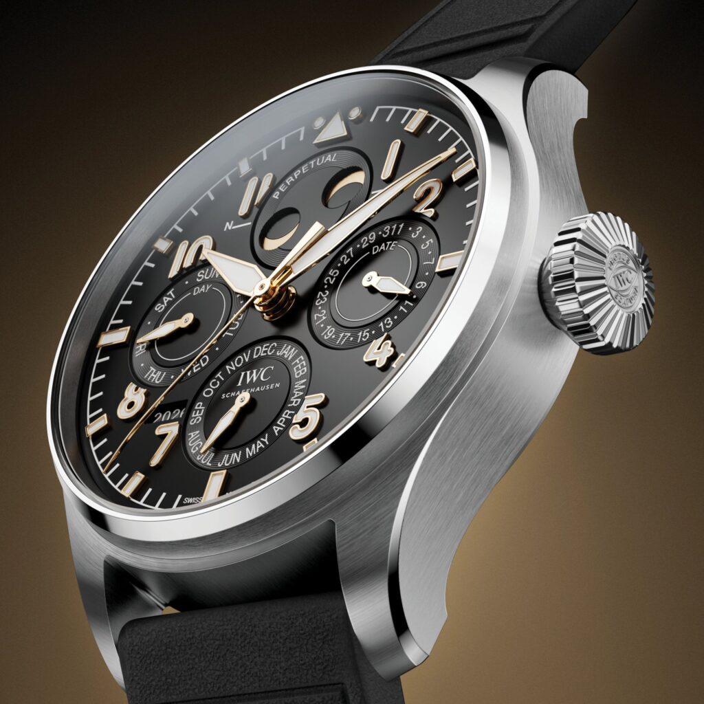 IWC Big Pilot Watch Perpetual Calendar ProSet 140 Years Mercedes-Benz IW3296-03 with black dial, gold appliques and gold-plated hands on black rubber strap