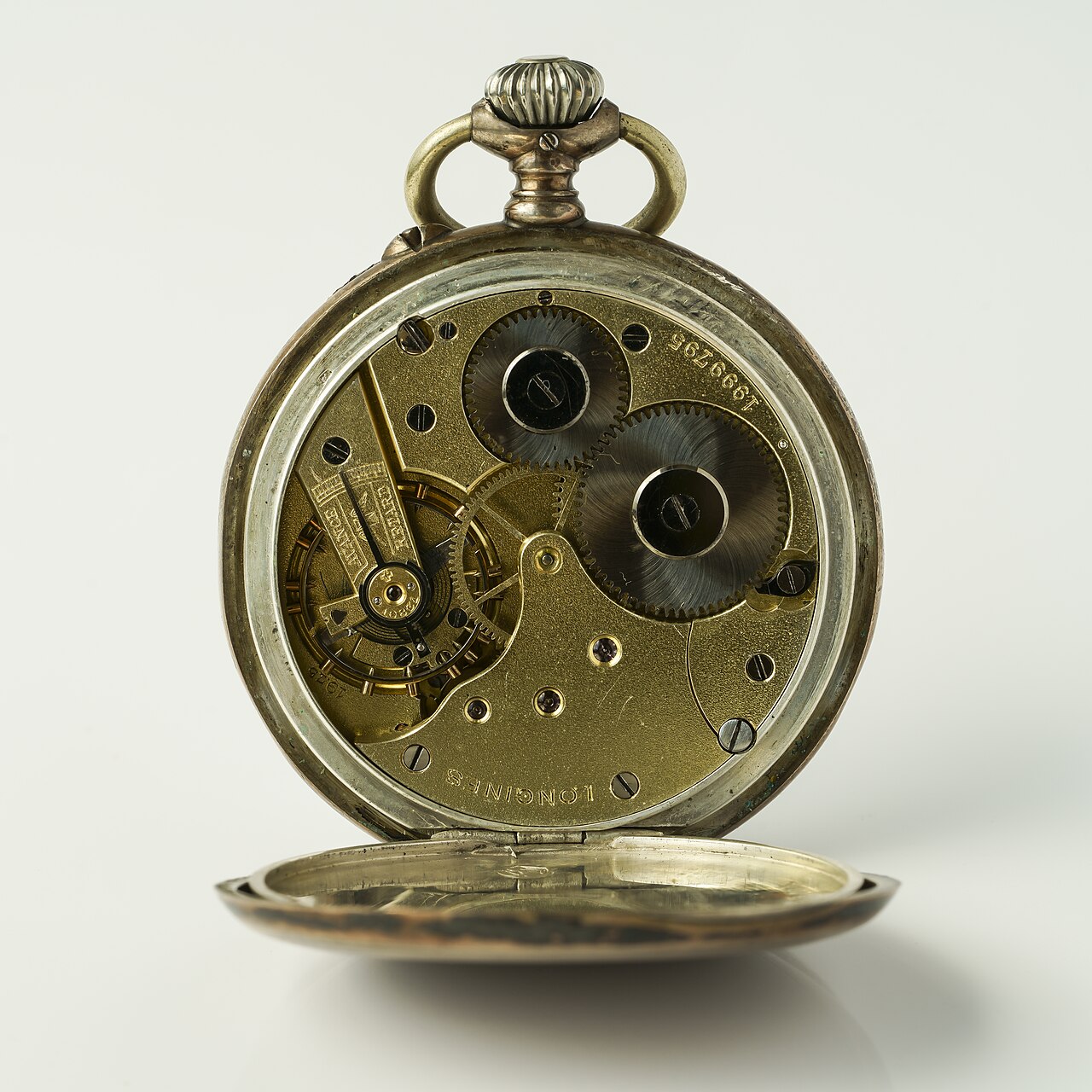Longines 4 Grand Prix pocket watch circa 1900 with its movement visible through the open caseback