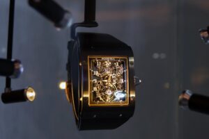 Richard Mille RM 017 tourbillon with skeletonised movement displayed in the Richard Mille Paris boutique