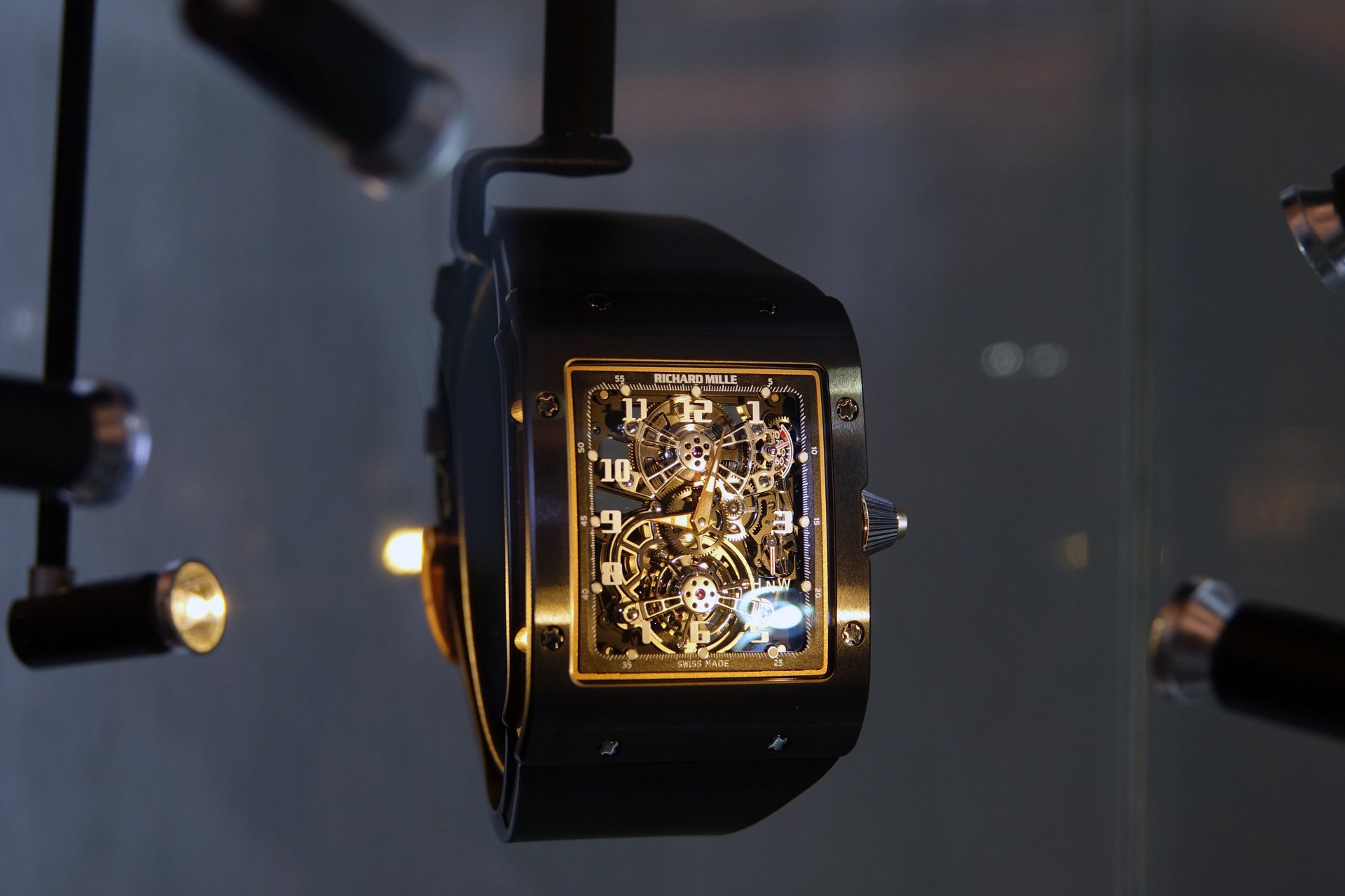 Richard Mille RM 017 tourbillon with skeletonised movement displayed in the Richard Mille Paris boutique