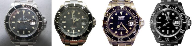Rolex Submariner original (left) compared with three look-alike watches from Alpha, Invicta, and Steeldive illustrating common design imitations in the luxury watch market