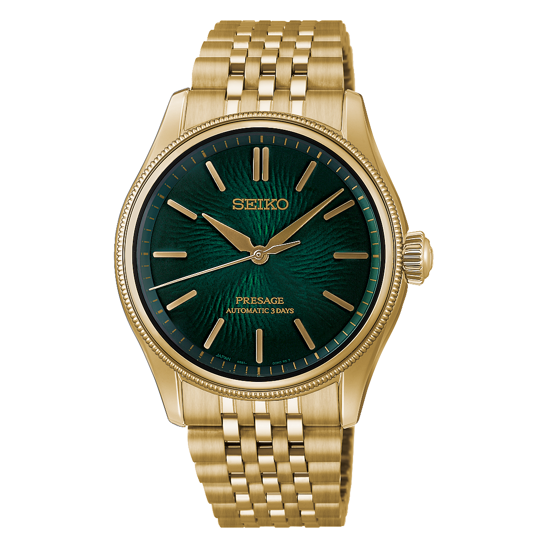 Seiko Presage HCC009 Tradman's Bonsai limited edition with pine needle green textured dial and gold tone case on matching bracelet
