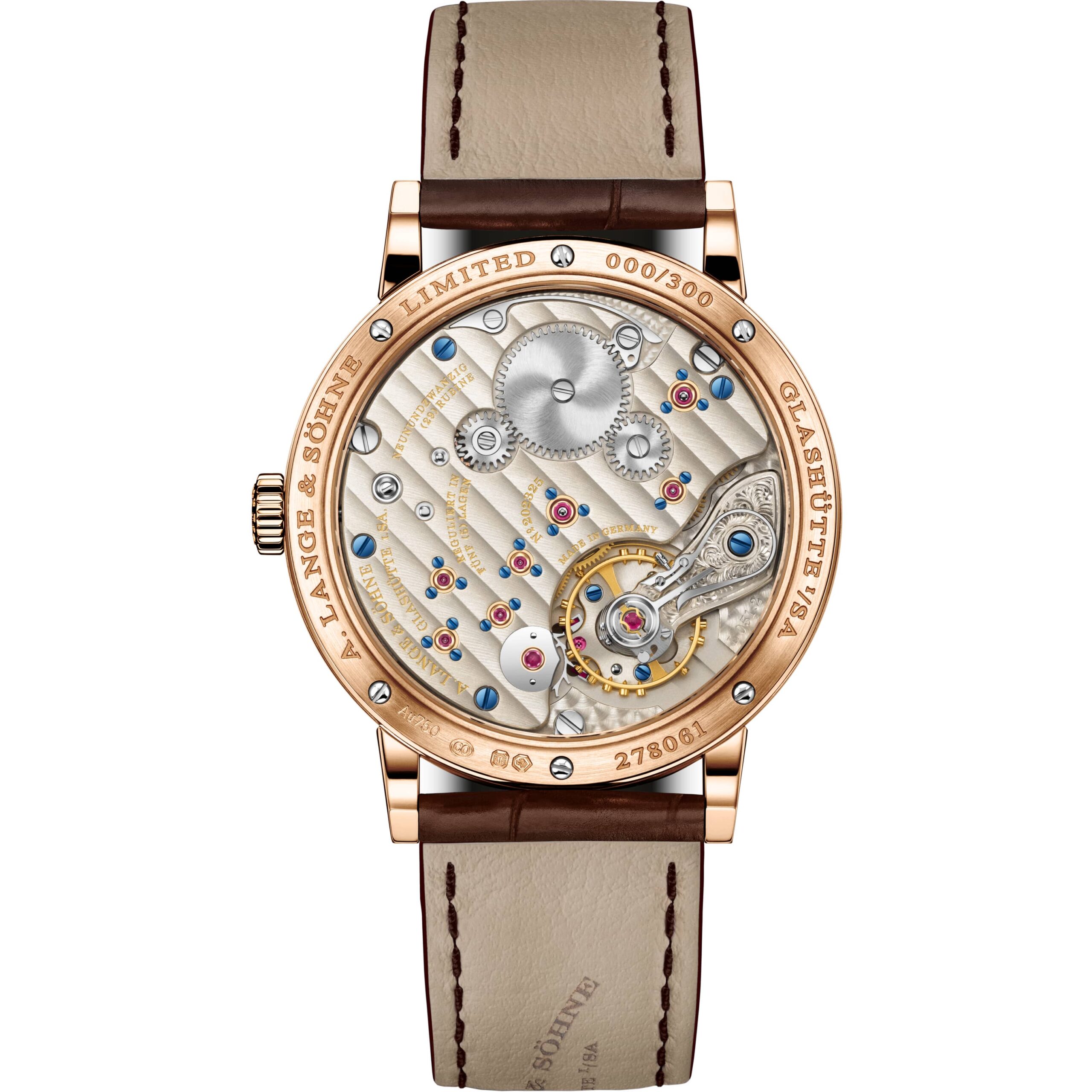 Caseback of the A. Lange & S&ouml;hne 1815 Up/Down in 750 pink gold showing the L051.2 movement, reference 244.037