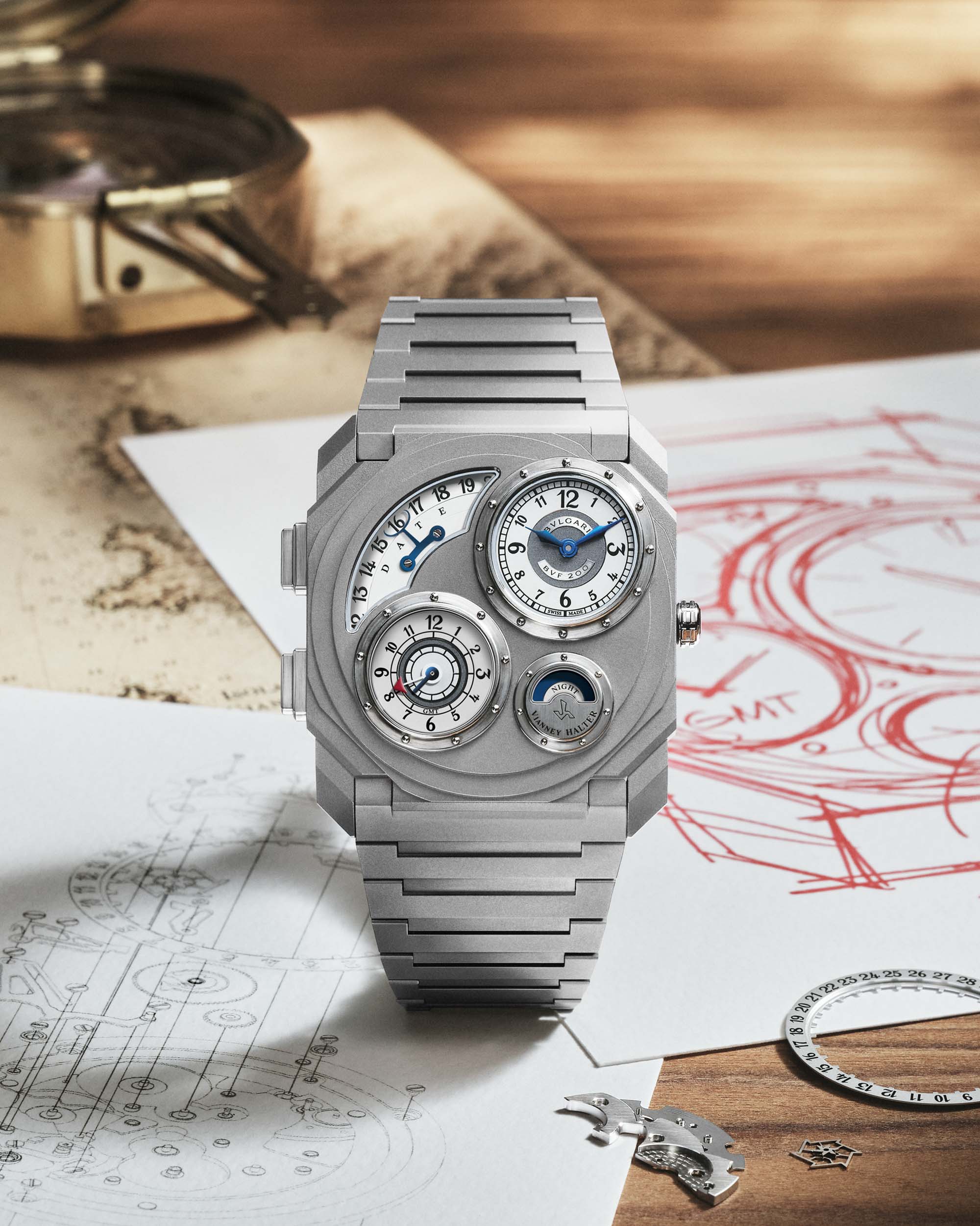 Bulgari Octo Finissimo Dual Time x Vianney Halter rose gold version on brown alligator strap