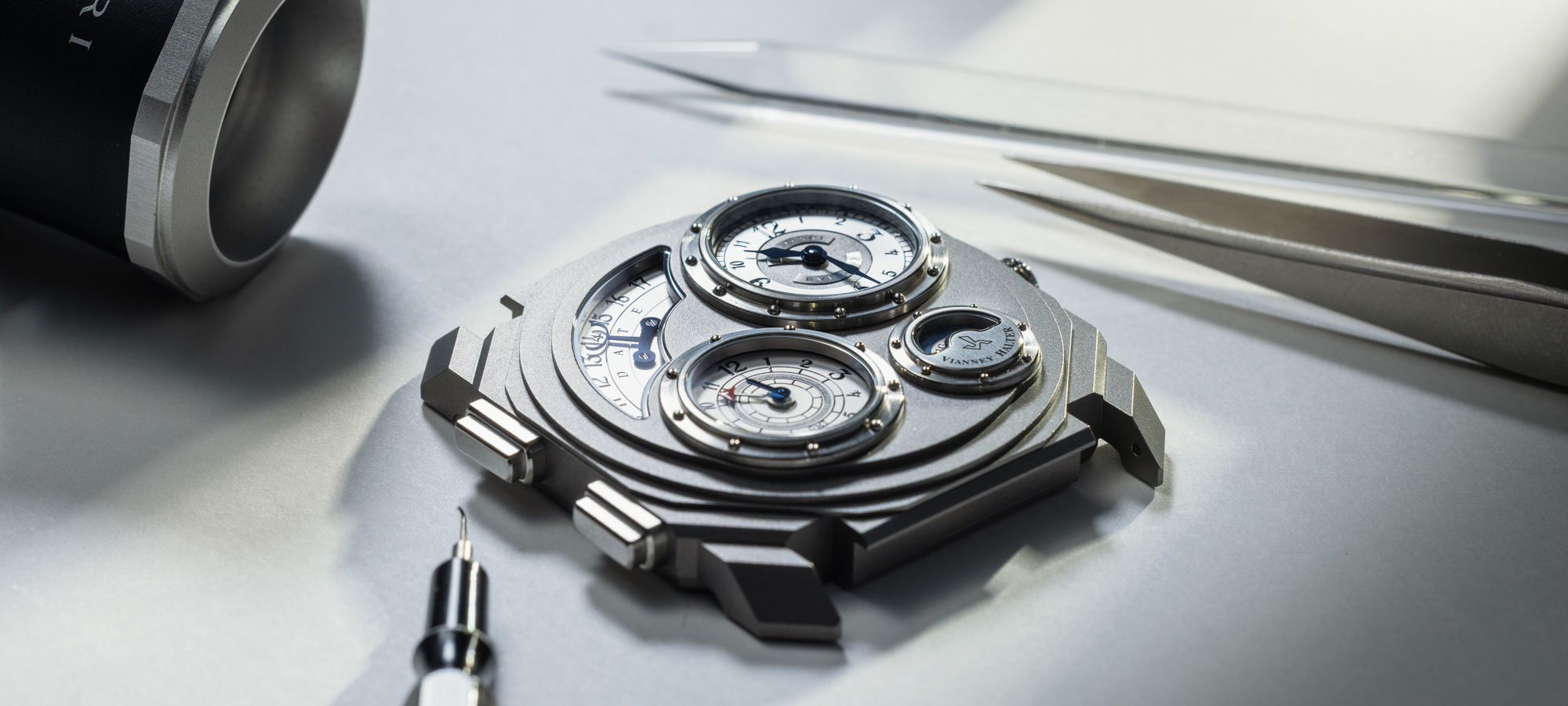 Bulgari Octo Finissimo Dual Time x Vianney Halter wide view showing four opaline dials