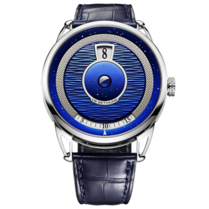 De Bethune DB25 Digitale DB25VD front view with blued titanium dial, jumping hours and spherical moon phase