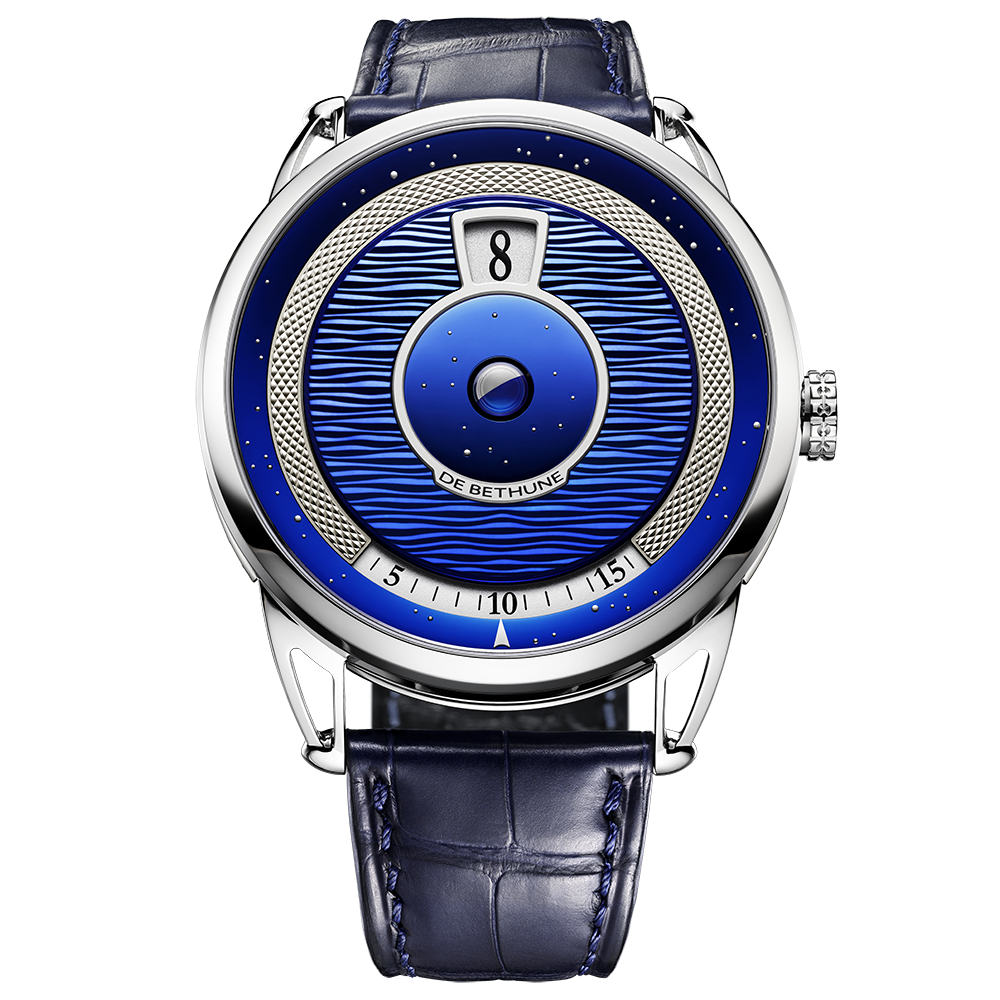 De Bethune DB25 Digitale DB25VD front view with blued titanium dial, jumping hours and spherical moon phase