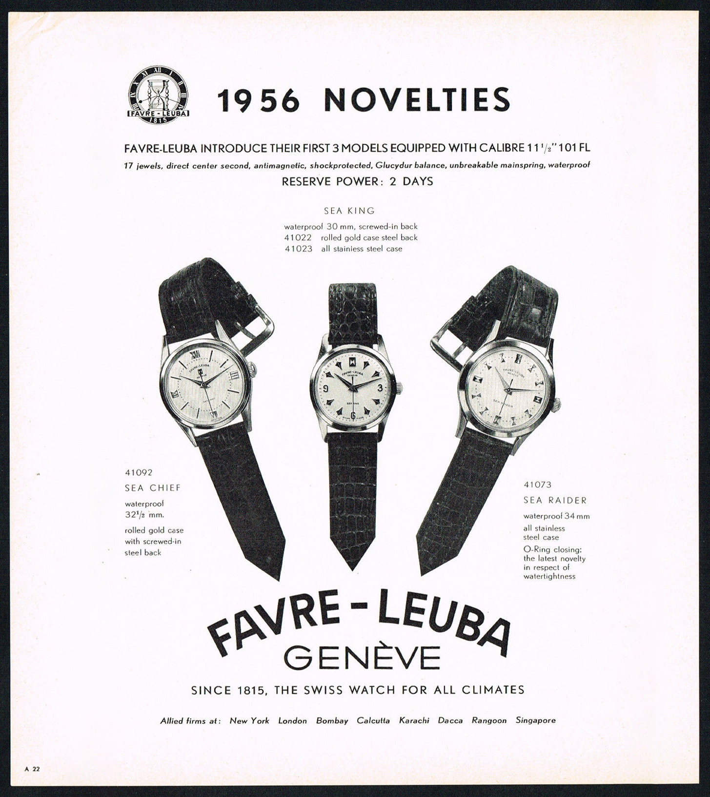 Favre Leuba timeline 1955: manufacture calibre FL101 debuts in Sea Chief, Sea King and Sea Raider