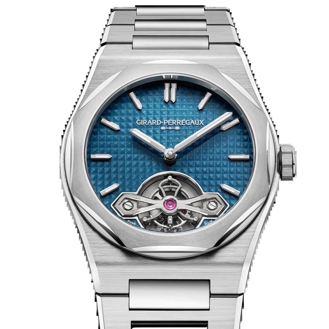 Detail of the Laureato Fifty Tourbillon octagonal bezel, case architecture and bracelet integration