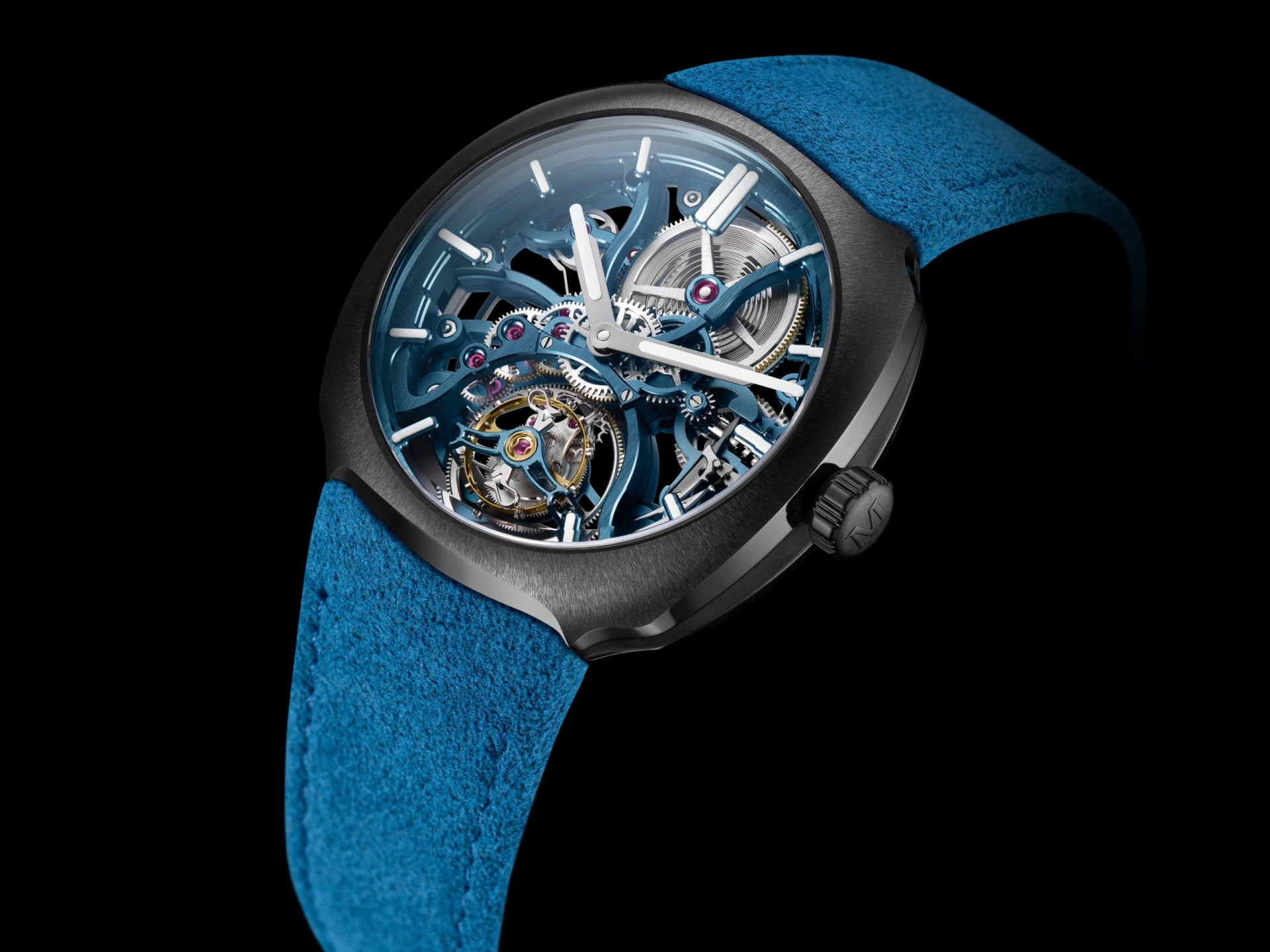 H. Moser Streamliner Tourbillon Skeleton Ceramic Alpine edition front dial view showing skeletonized movement and flying tourbillon