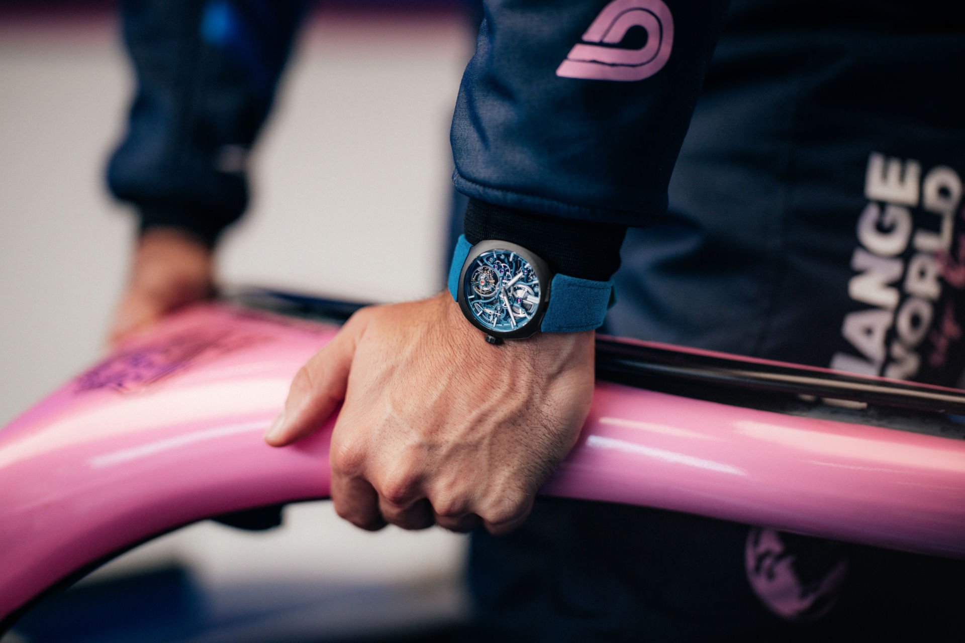 H. Moser Streamliner Tourbillon Skeleton Ceramic Alpine on wrist worn by F1 driver Pierre Gasly