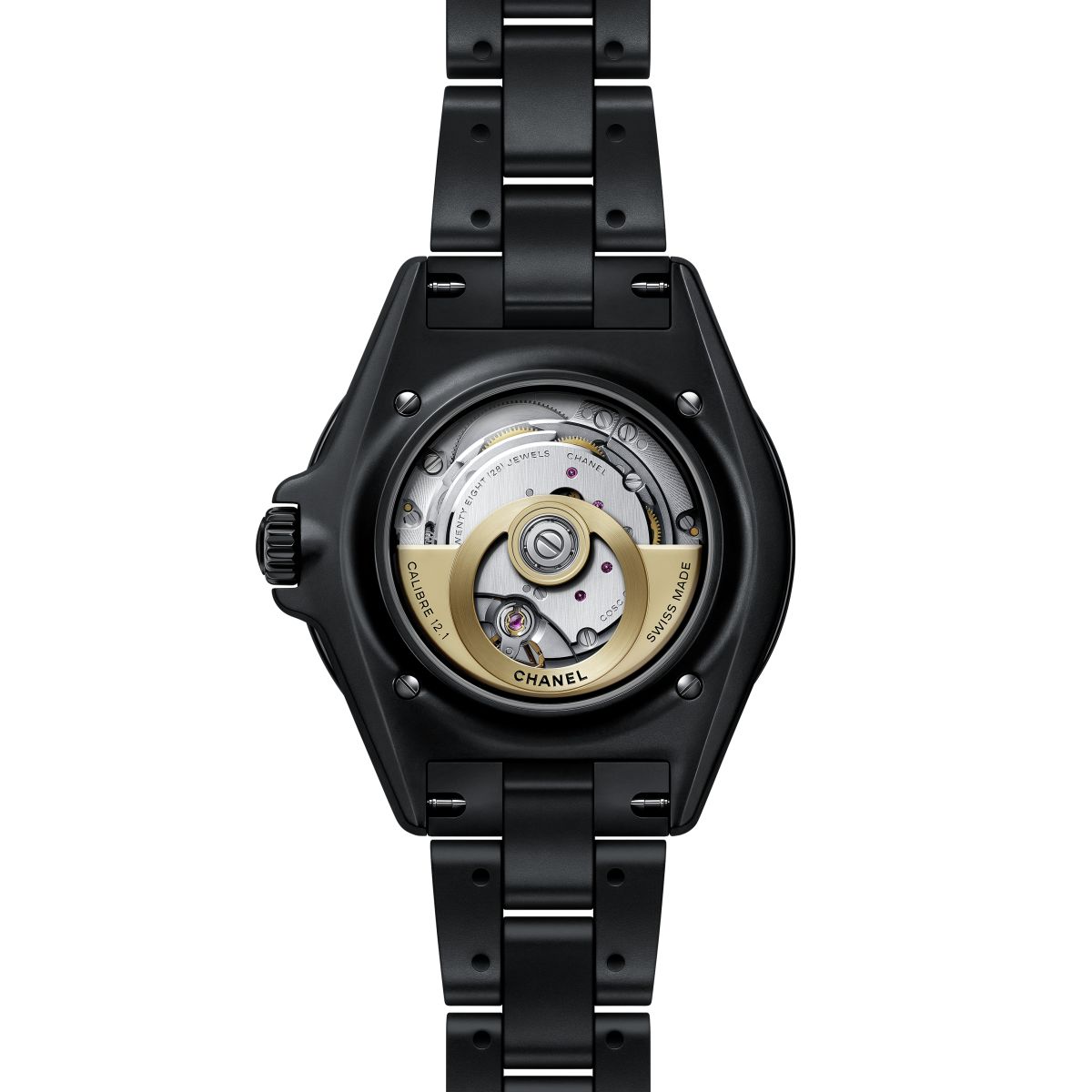 Chanel J12 Golden Black 42mm sapphire caseback revealing the Kenissi Caliber 12.1 automatic with gold-toned rotor