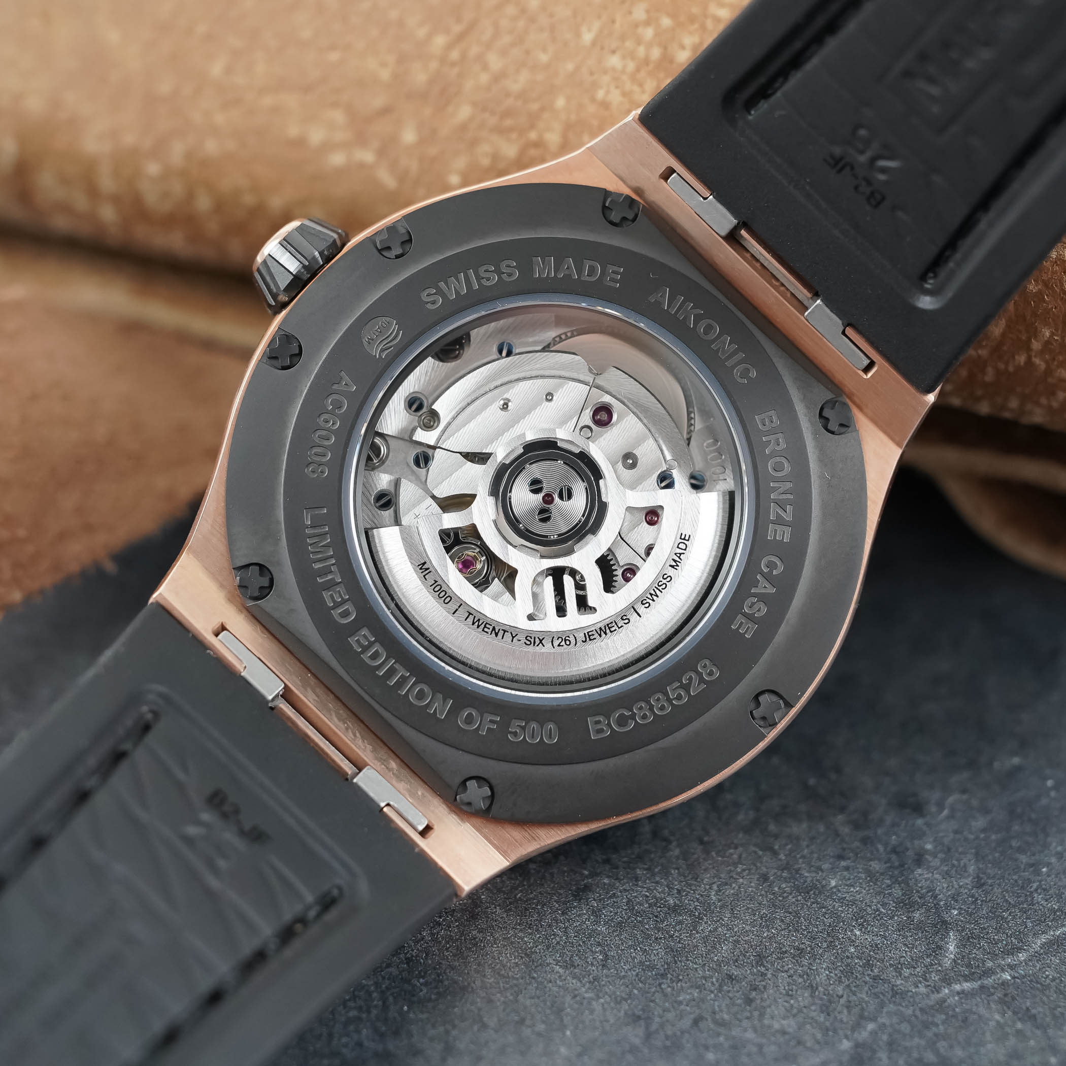Maurice Lacroix Aikon-IC Frozen Carbon on wrist showing 43mm case profile and integrated rubber strap