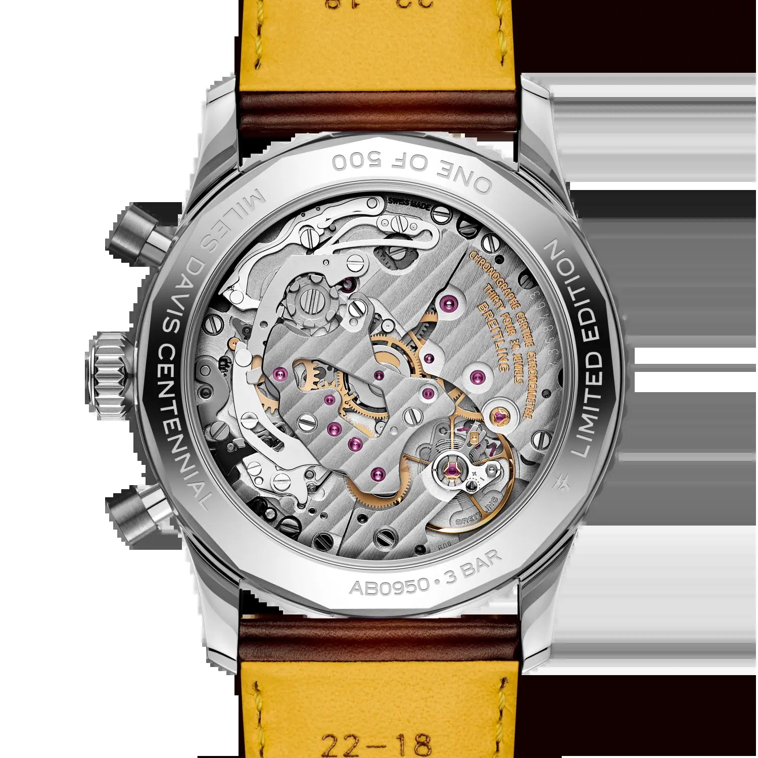 Breitling Caliber B09 hand-wound movement visible through the Navitimer Miles Davis caseback, official Breitling image
