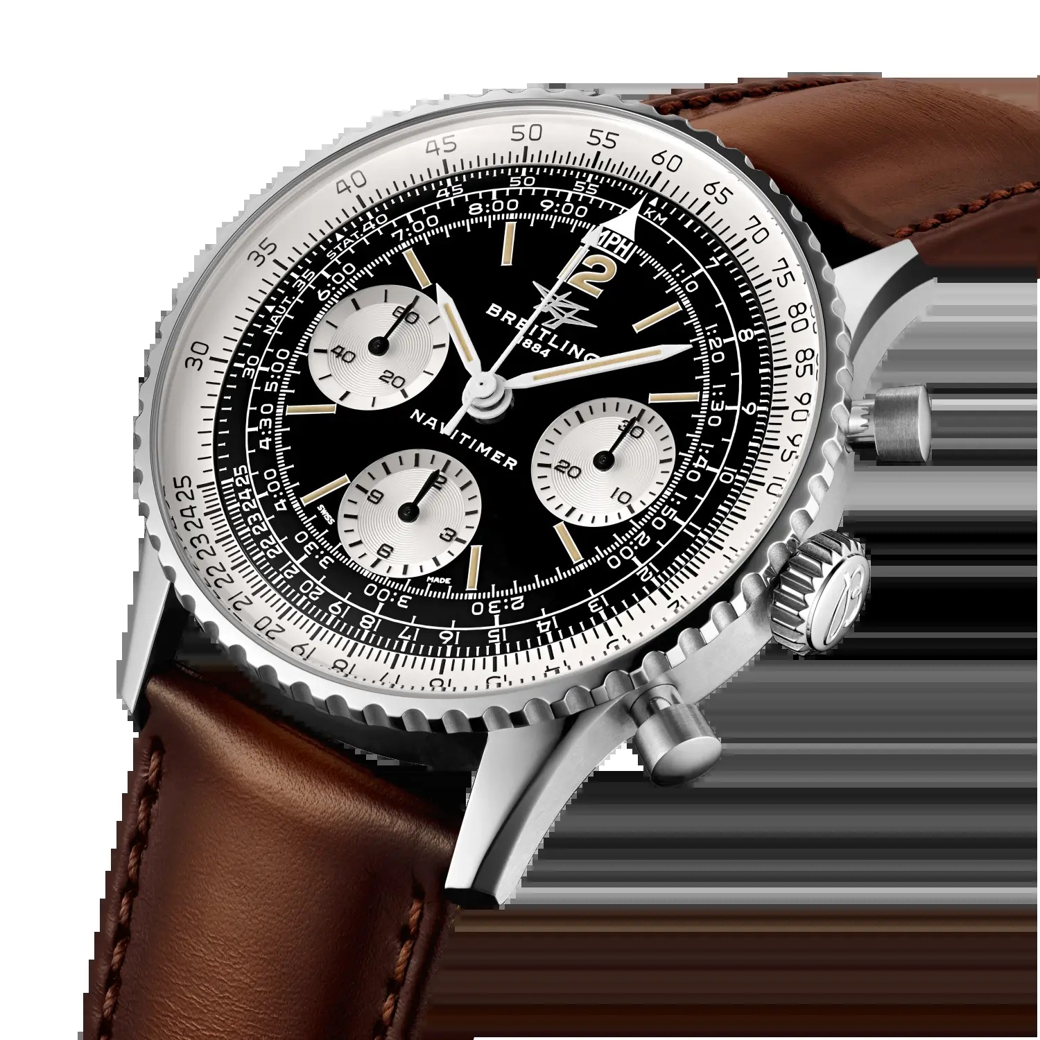 Breitling Navitimer B09 Chronograph 41 Miles Davis three-quarter view, reverse-panda dial, official photo