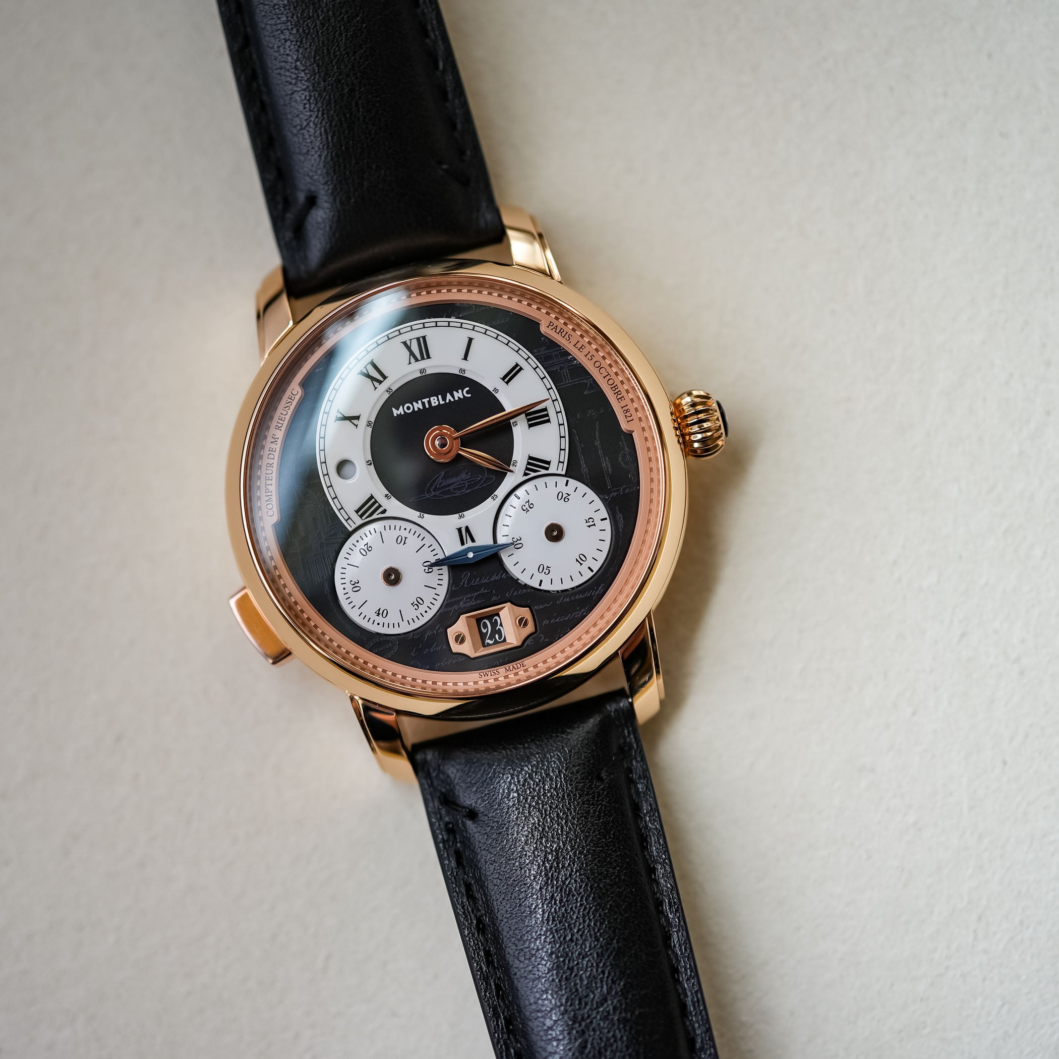 Montblanc Star Legacy Nicolas Rieussec Chronograph Limited Edition 100 rose gold caseback revealing calibre MB R200
