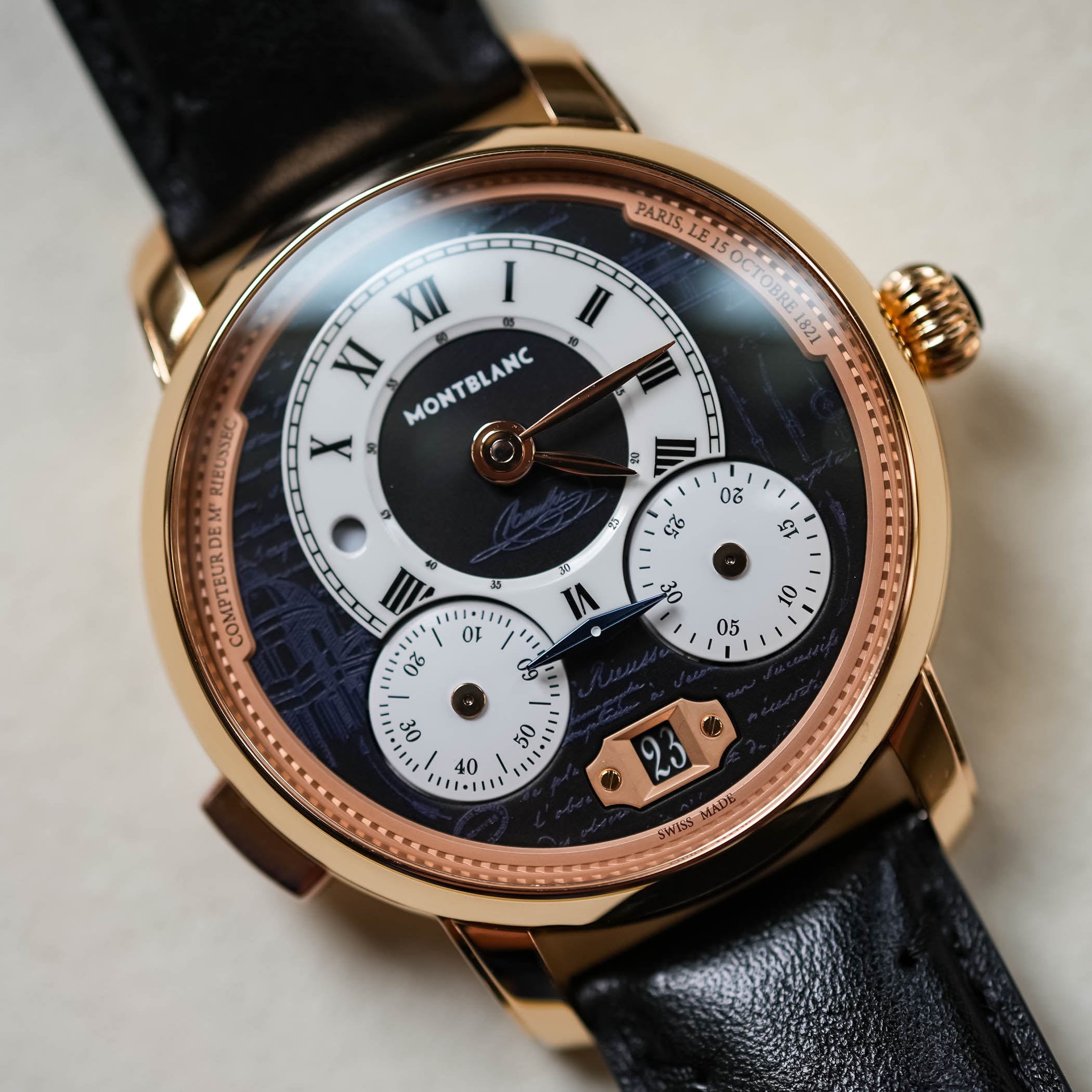 Montblanc Star Legacy Nicolas Rieussec Chronograph Limited Edition 100 black calfskin strap and folding clasp