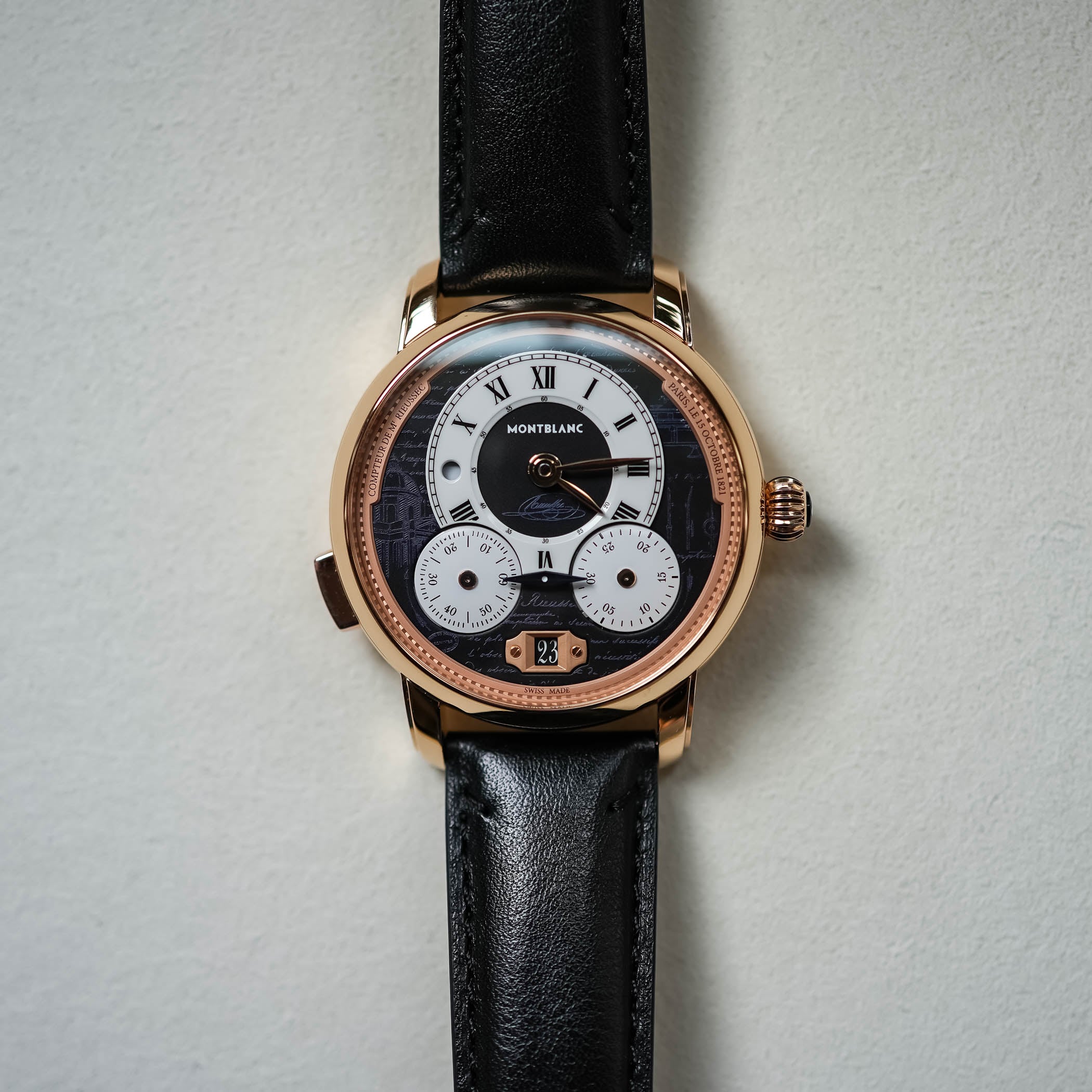 Close-up of the Montblanc calibre MB R200 column-wheel monopusher chronograph movement