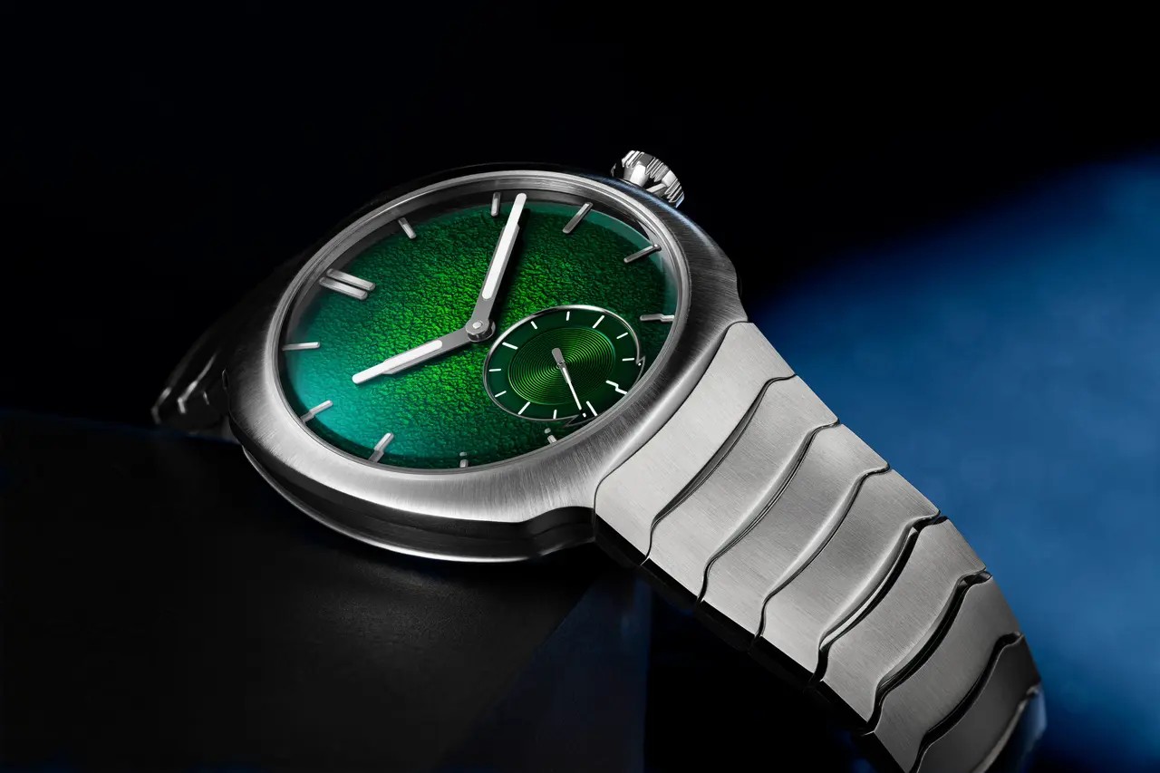 On-wrist shot of the Streamliner Small Seconds Lime Green Enamel Boutique Edition