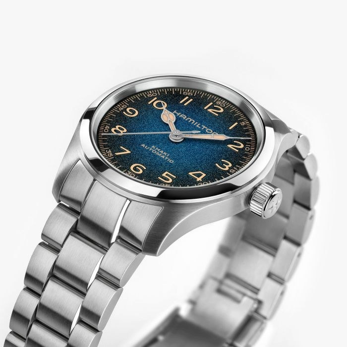 Side profile view of the Hamilton Khaki Field Murph 38mm stainless steel case