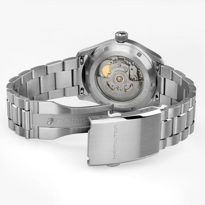 Open caseback of the Hamilton Murph 38mm revealing the H-10 automatic calibre