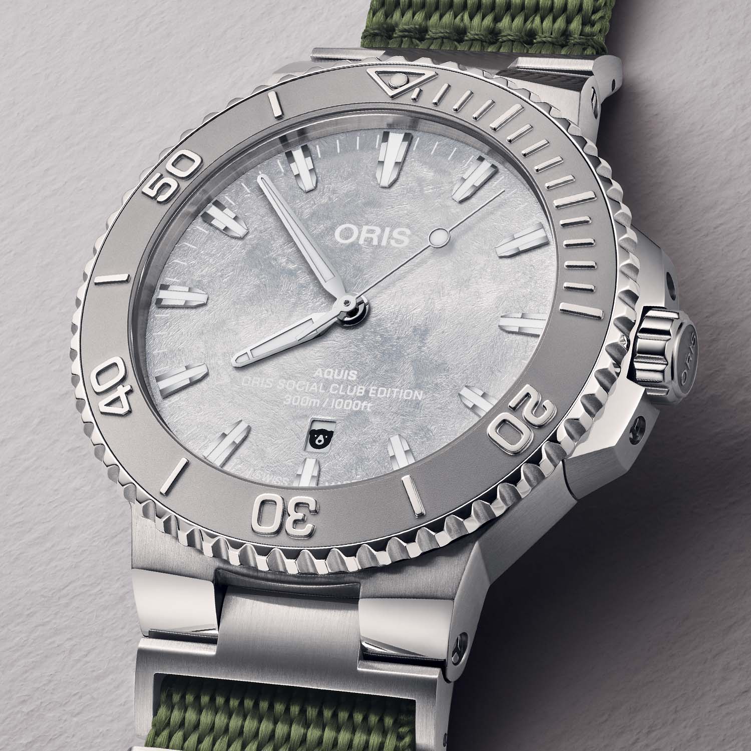 Oris Social Club Edition II mounted on olive green NATO strap