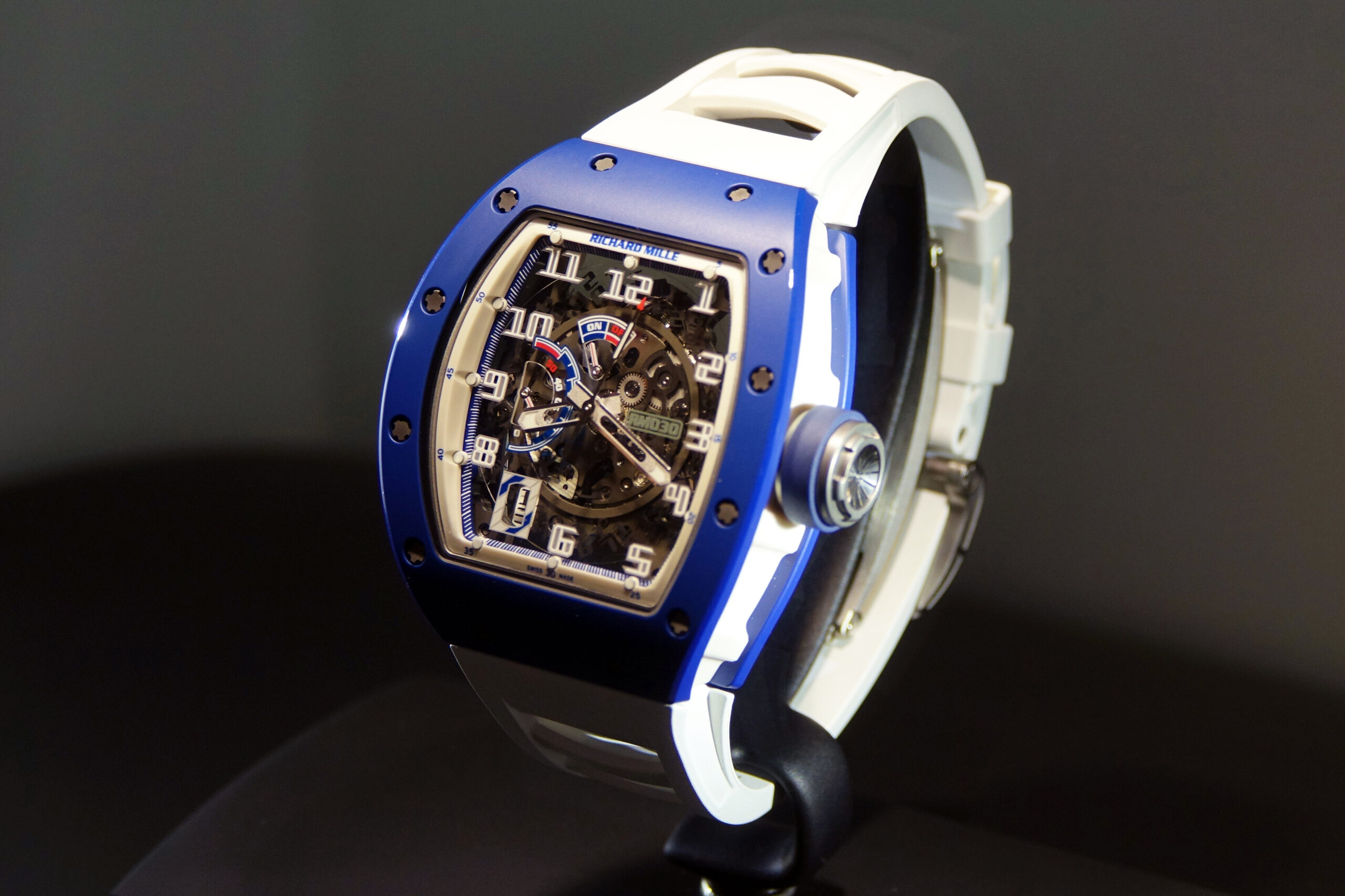 Side view of a Richard Mille RM 030 skeletonized wristwatch