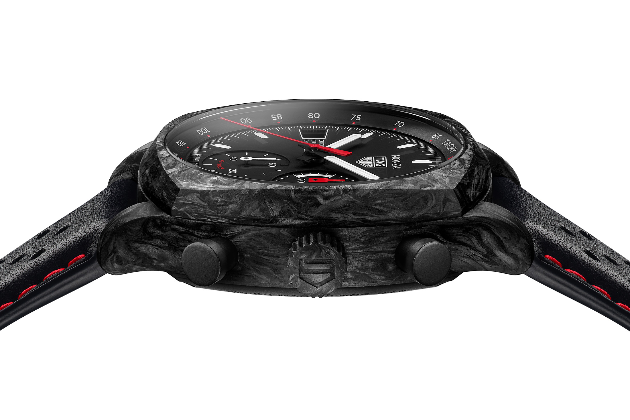 TAG Heuer Monza Flyback Chronograph Carbon forged carbon case profile and pushers