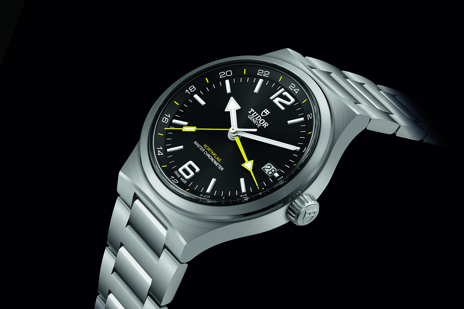 Tudor Northflag GMT three-quarter view showing angular 40mm steel case and H-link integrated bracelet